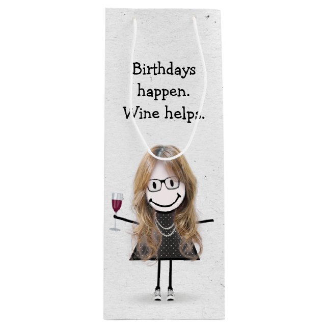 Birthday Stick figur Girl med Red Vin Glass (Framsidan)