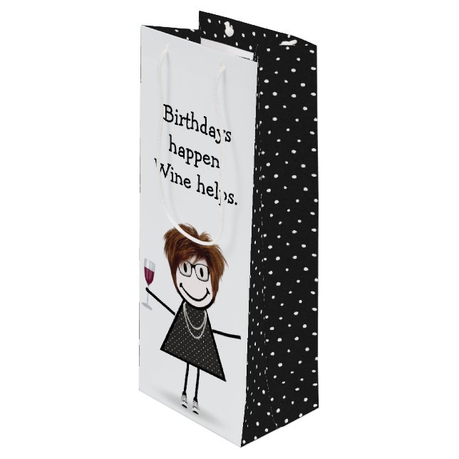 Birthday Stick figur Girl med Red Vin Glass (Framsidan Vinklad)