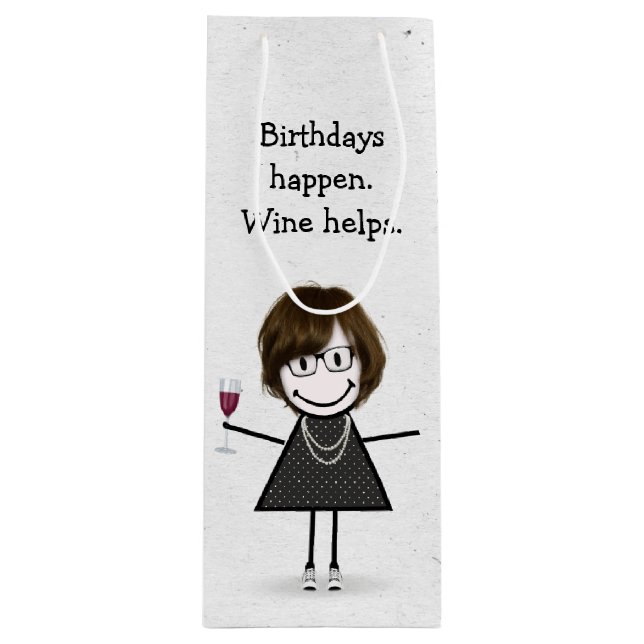 Birthday Stick figur Girl med Red Vin Glass (Framsidan)