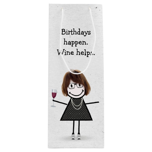 Birthday Stick figur Girl med Red Vin Glass (Framsidan)