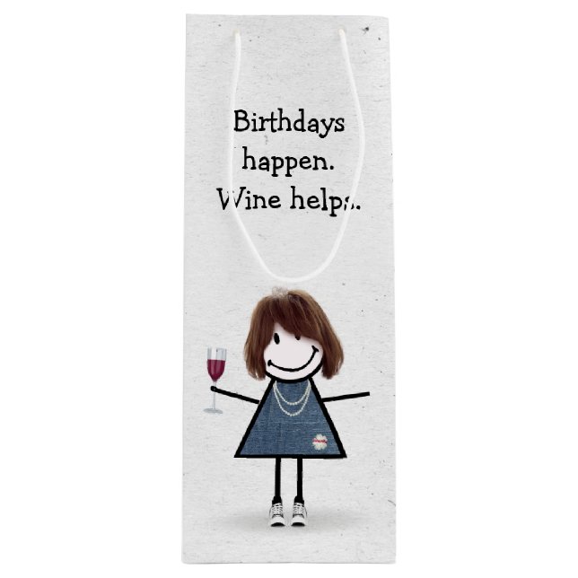 Birthday Stick figur Girl med Red Vin Glass (Framsidan)