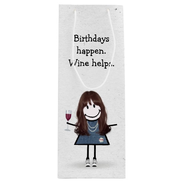 Birthday Stick figur Girl med Red Vin Glass (Framsidan)