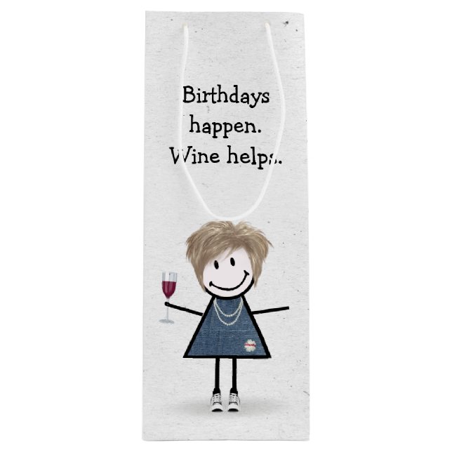 Birthday Stick figur Girl med Red Vin Glass (Framsidan)