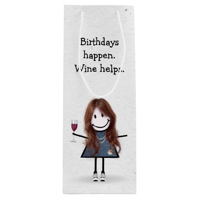 Birthday Stick figur Girl med Red Vin Glass (Framsidan)