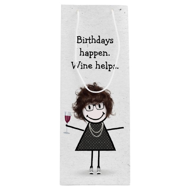 Birthday Stick figur Girl med Red Vin Glass (Framsidan)