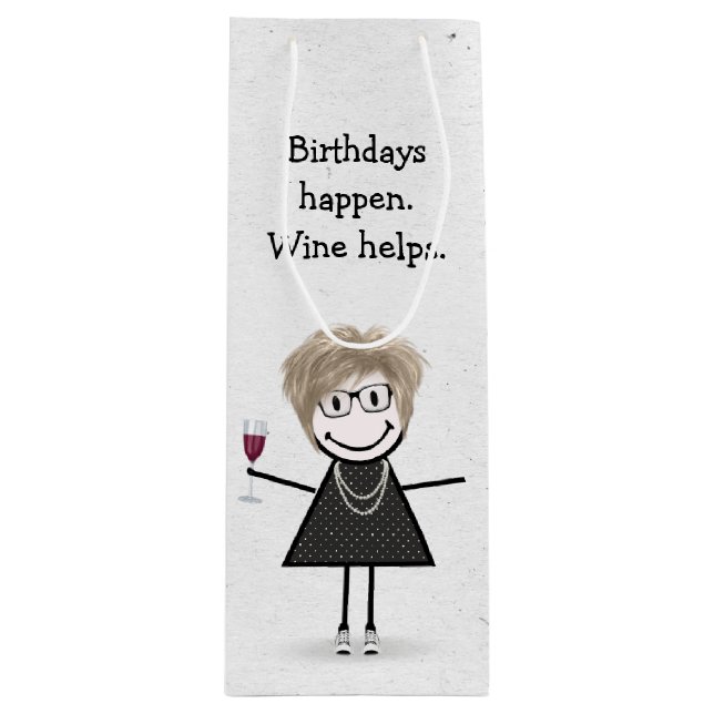 Birthday Stick figur Girl med Red Vin Glass (Framsidan)