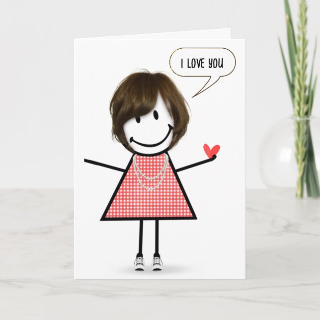 Birthday Stick figur Girl med Tal Bubble Kort (Framsida)