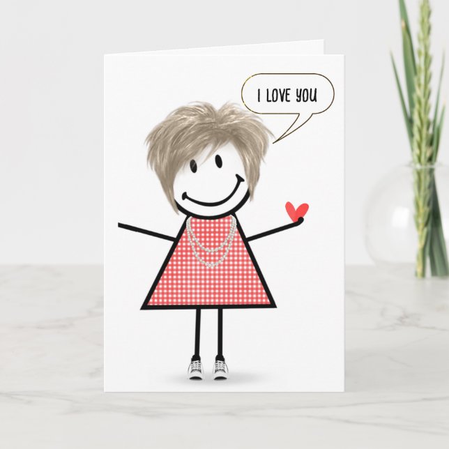 Birthday Stick figur Girl med Tal Bubble Kort (Framsida)