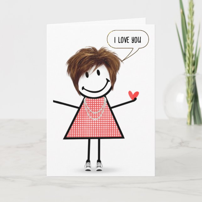 Birthday Stick figur Girl med Tal Bubble Kort (Framsida)