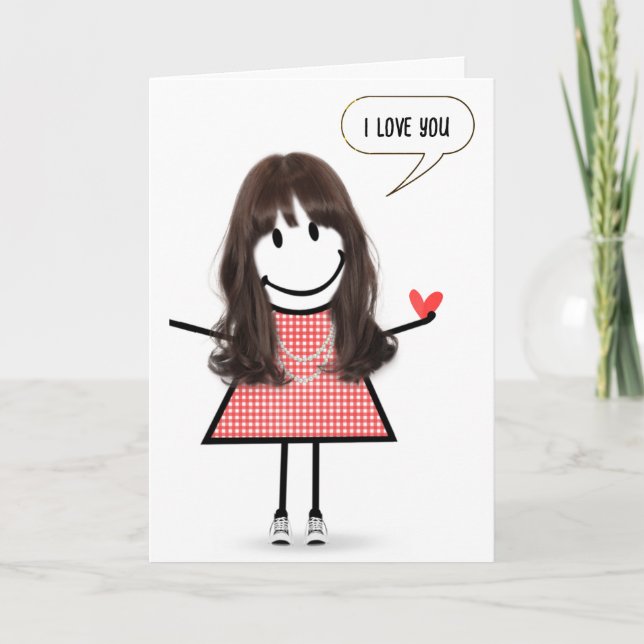 Birthday Stick figur Girl med Tal Bubble Kort (Framsida)