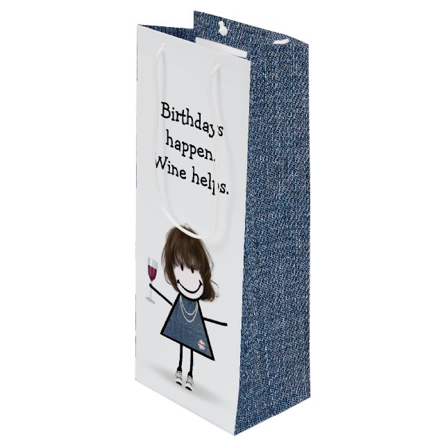 Birthday Stick figur Girl med Vin Glass (Framsidan Vinklad)
