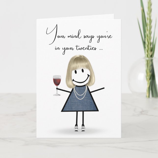 Birthday Stick figur Girl med Vin Glass Kort (Framsida)