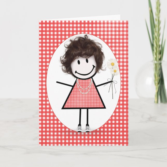 Birthday Stick figur Girl på Red Gingham Kort (Framsida)