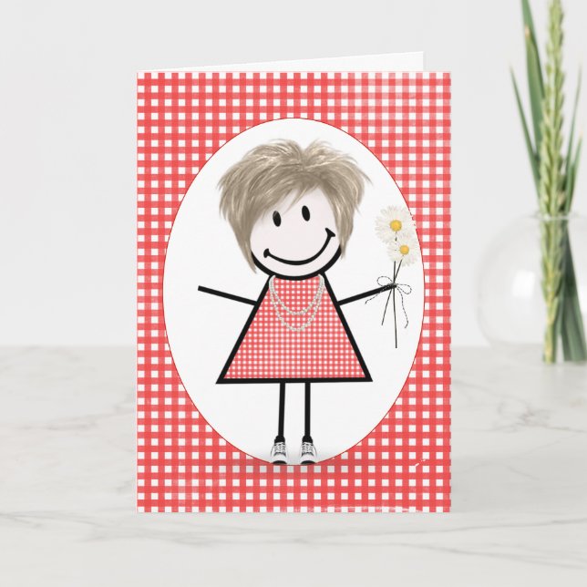 Birthday Stick figur Girl på Red Gingham Kort (Framsida)