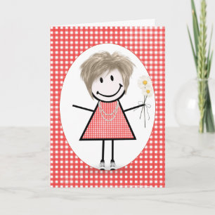 Birthday Stick figur Girl på Red Gingham Kort
