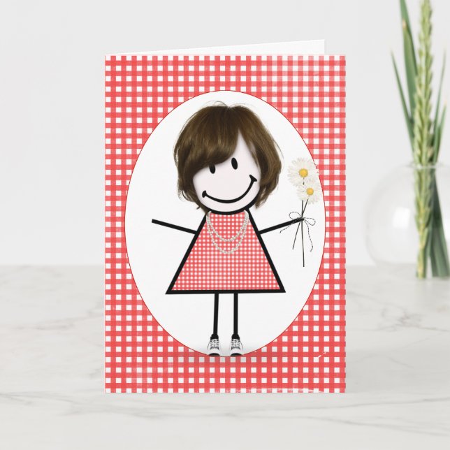 Birthday Stick figur Girl på Red Gingham Kort (Framsida)
