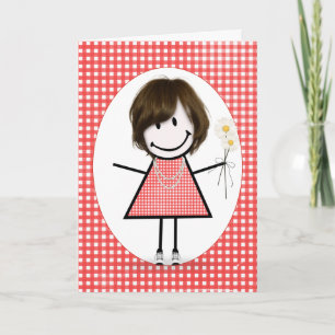 Birthday Stick figur Girl på Red Gingham Kort