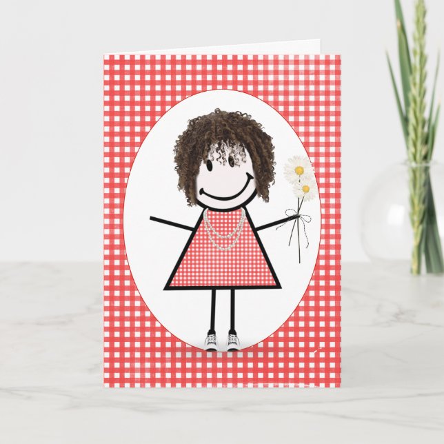 Birthday Stick figur Girl på Red Gingham Kort (Framsida)