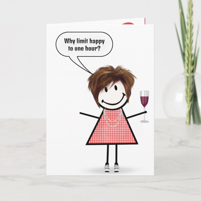 Birthday Stick Figure Girl With Wine Glass Kort (Framsida)