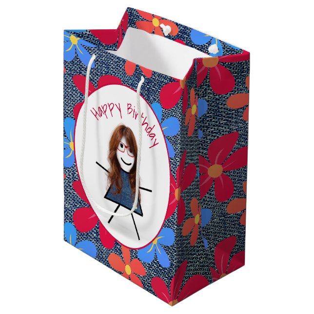 Birthday Stick Girl and Daisys on Blue Denim (Framsidan Vinklad)