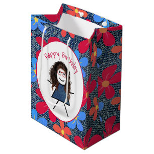 Birthday Stick Girl and Daisys on Blue Denim