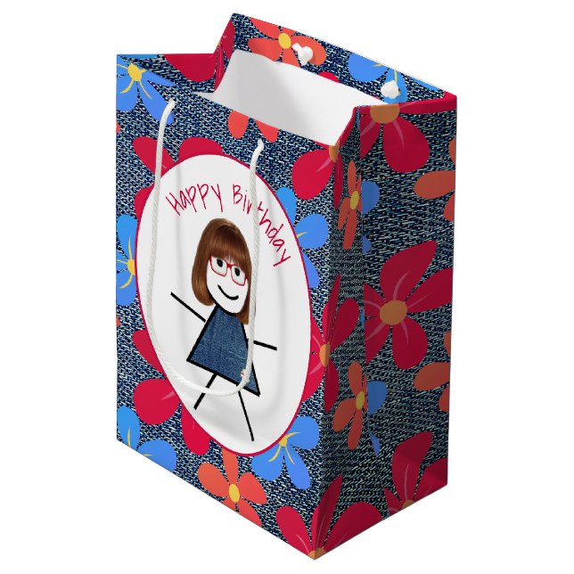Birthday Stick Girl and Daisys on Blue Denim (Framsidan Vinklad)