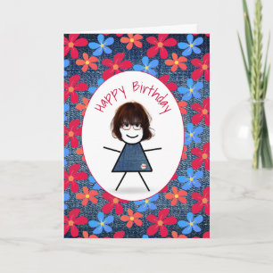 Birthday Stick Girl and Daisys on Blue Denim Kort