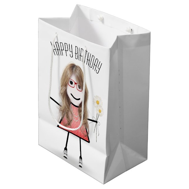 Birthday Stick Girl med Daisy Bouquet (Framsidan Vinklad)