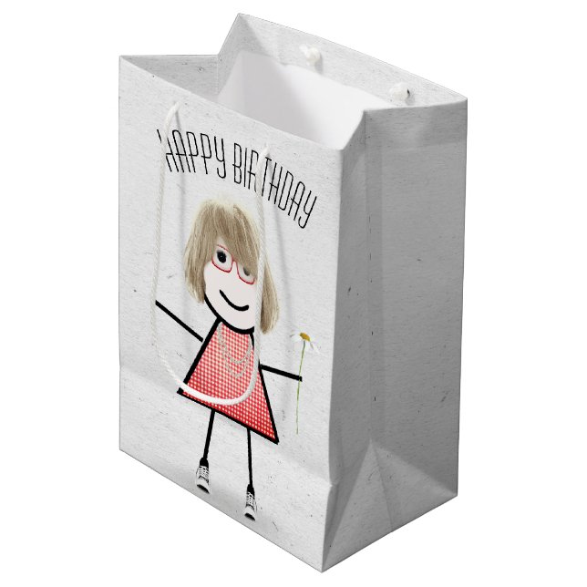 Birthday Stick Girl med Daisy Medium Gift Bag (Framsidan Vinklad)