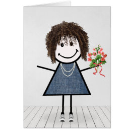 Birthday Stick Girl med Flower Bouquet Hälsningskort