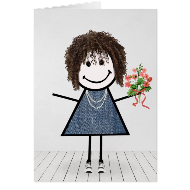 Birthday Stick Girl med Flower Bouquet Hälsningskort (Framsidan)