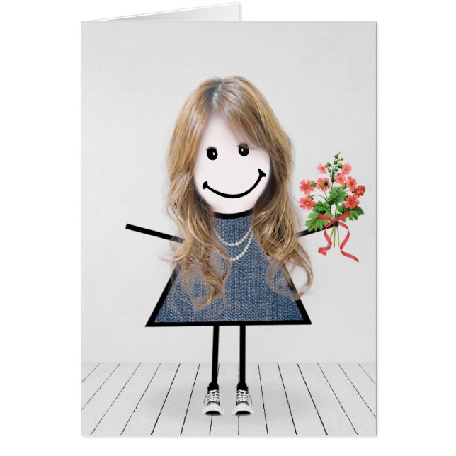 Birthday Stick Girl med Flower Bouquet Hälsningskort (Framsidan)