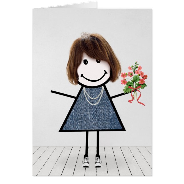 Birthday Stick Girl med Flower Bouquet Hälsningskort (Framsidan)