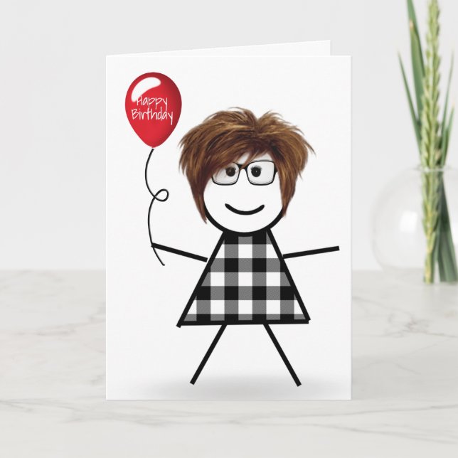 Birthday Stick Girl med Red Balloon Kort (Framsida)