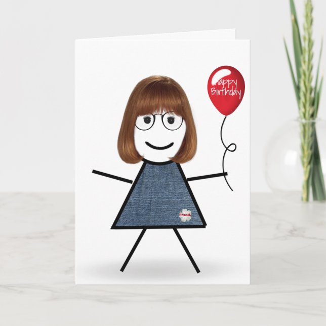 Birthday Stick Girl med Red Balloon Kort (Framsida)