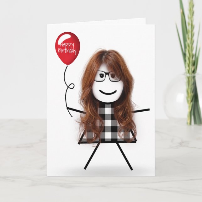 Birthday Stick Girl med Red Balloon Kort (Framsida)