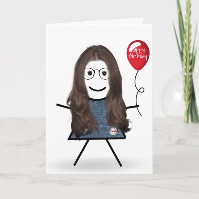 Birthday Stick Girl med Red Balloon Kort (Framsida)