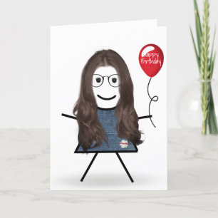 Birthday Stick Girl med Red Balloon Kort