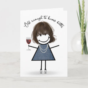 Birthday Stick Girl med Vin Glass Kort