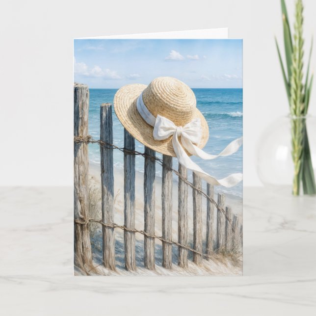Birthday Summer Straw Hat On Beach Fence Kort (Framsida)