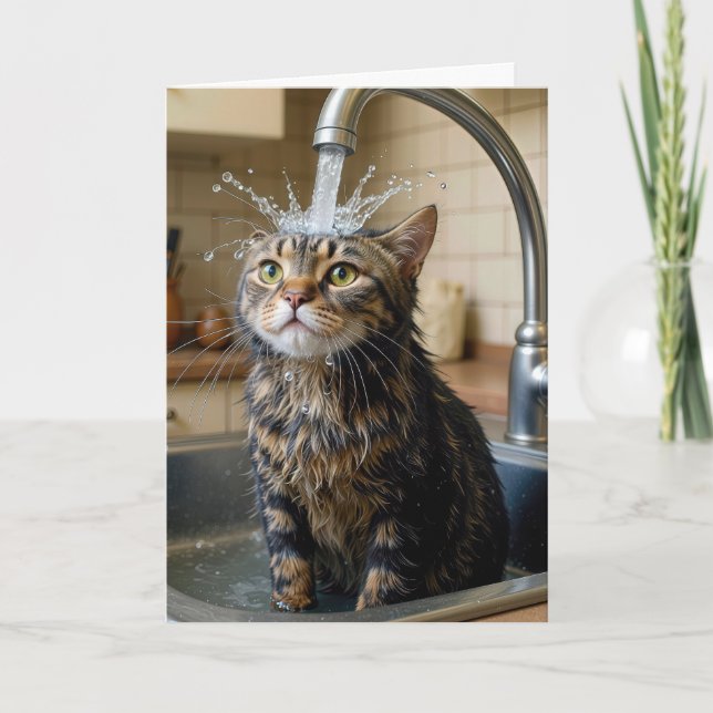 Birthday Tabby Cat Under a Kitchen Faucet Kort (Framsida)