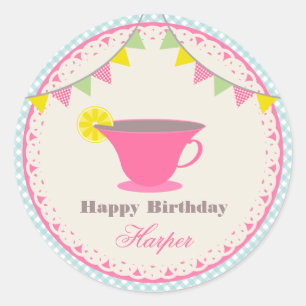 Birthday Tea Party Blue Gingham Runt Klistermärke