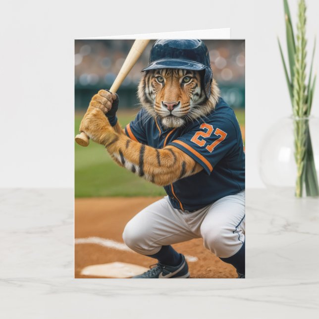 Birthday Tiger Baseball Player #27 Up To Bat Kort (Framsida)