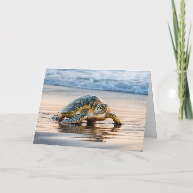 Birthday Turtle Walking på en beach Kort (Framsida)