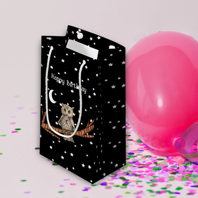 Birthday Uggla Crystal Necklace Gren Måne Stars (Brown owl tree branch purple crystal necklace moon stars on black Birthday gift bag.)