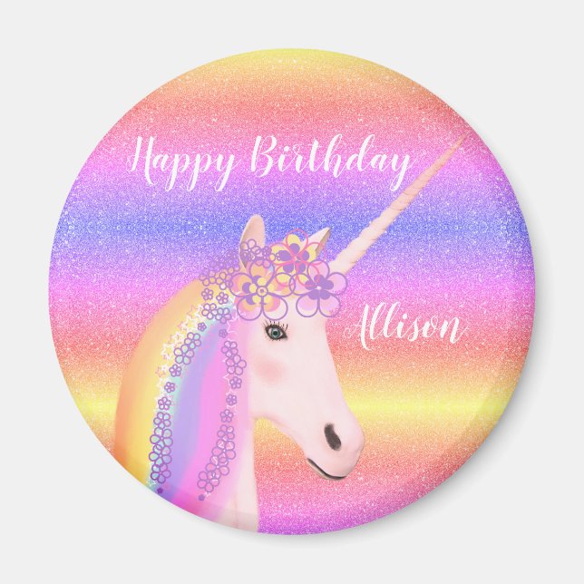 Birthday Unicorn Pastel Rainbow Glitter Namn Magnet (Framsidan)