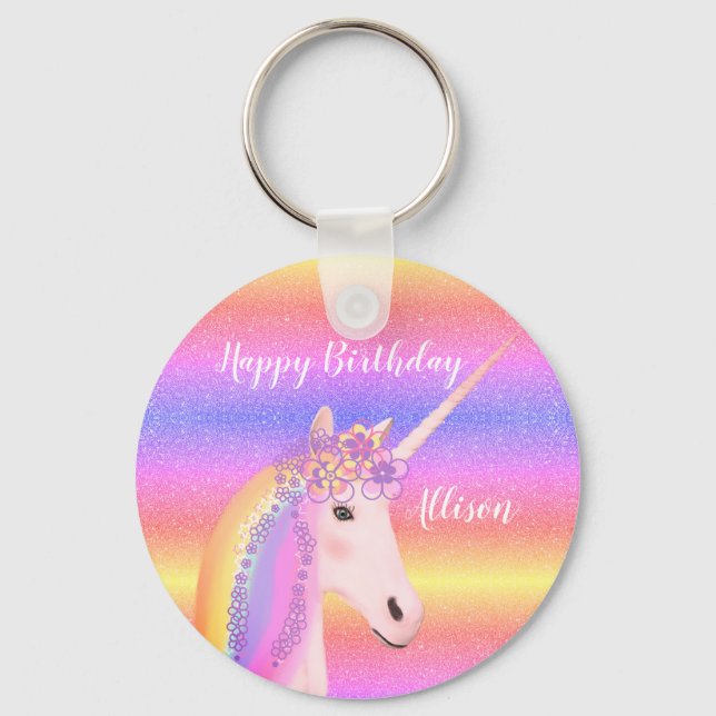 Birthday Unicorn Rainbow Glitter Personlig Nyckelring (Framsida)