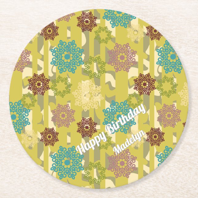 Birthday Urban Stripe Geometric Floral Pattern Underlägg Papper Rund (Framsidan)