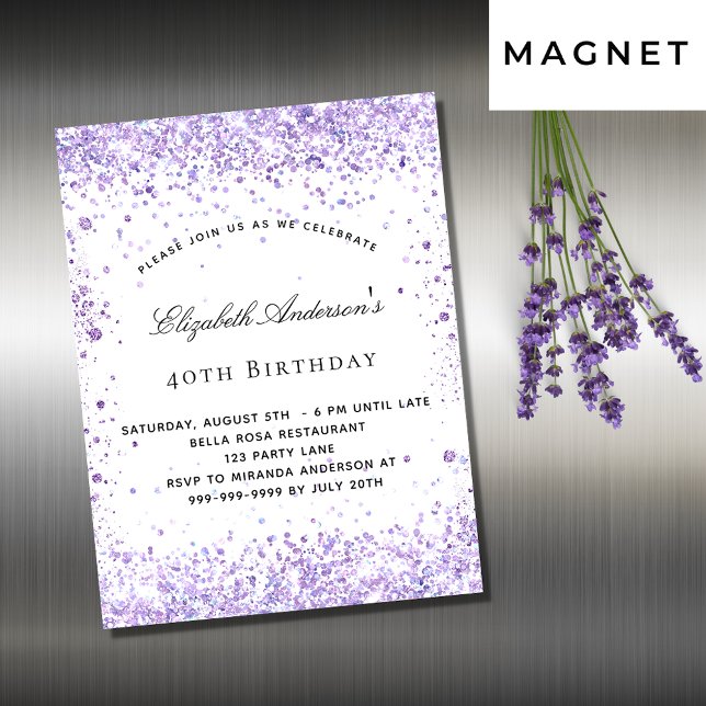 Birthday violet lavender glitter magnet-inbjudan (Skapare uppladdad)