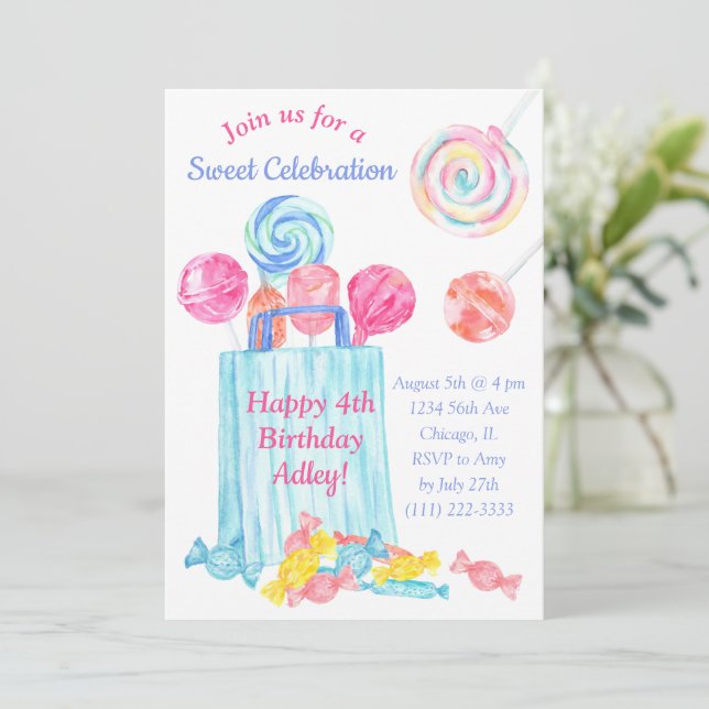 Birthday Watercolor Candy Sweet Birthday Inbjudningar (Stående Fram)
